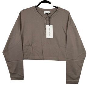 NEW! NINETY PERCENT Organic Cotton Crop Crew Button Neck Top Pebble OverSized XS